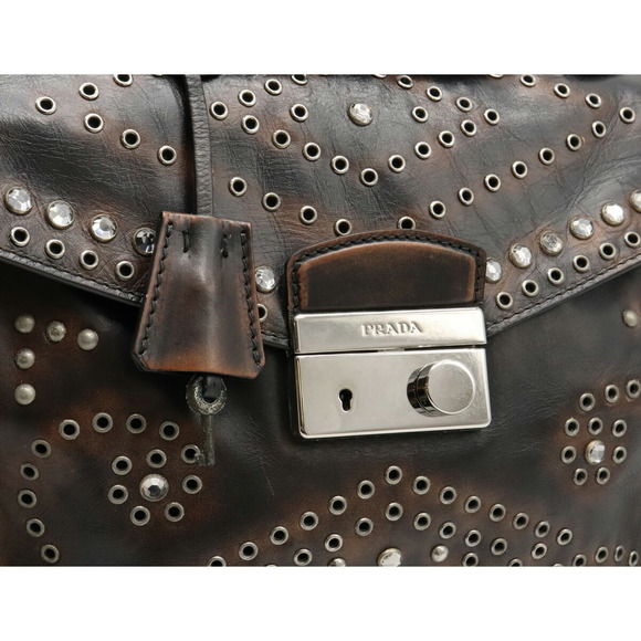 Prada Ebano Leather Vitello Handbag Studded Brown - Picture 8 of 8